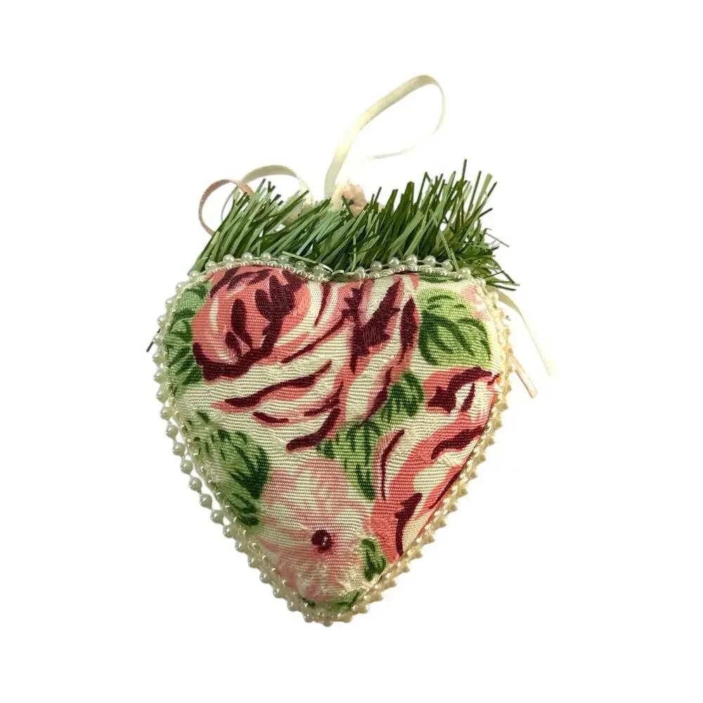 Vintage Victorian Floral Fabric Heart Christmas Ornament Pearl Pinecone 4”